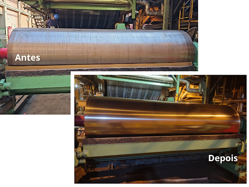 Imagem comparando uma peça industrial antes e depois de sofrer corrosão galvânica. Na imagem 'antes', a peça mostra sinais claros de desgaste, com áreas corroídas e enfraquecimento do material devido à reação entre metais diferentes. Na imagem 'depois', a peça aparece restaurada, destacando a recuperação após tratamento adequado.