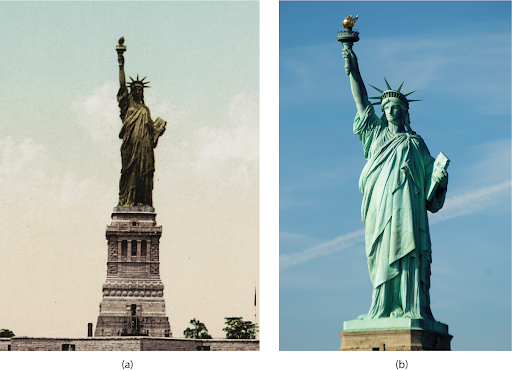 Imagem comparando a Estátua da Liberdade antes e depois do processo de restauração. Na imagem 'antes', a corrosão galvânica é evidente, com o desgaste das chapas de cobre e o comprometimento da estrutura interna de ferro forjado. Na imagem 'depois', a estátua aparece restaurada, destacando o sucesso da manutenção realizada nos anos 1980.